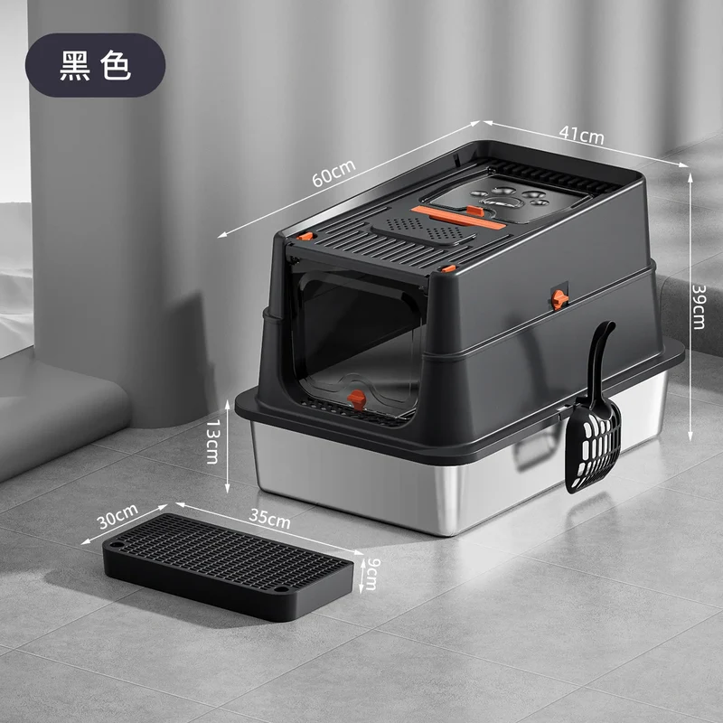 Lettiera Chiusa XXL per Gatti con Base in Acciaio Inox e Tetto Removibile 60×41×39 cm