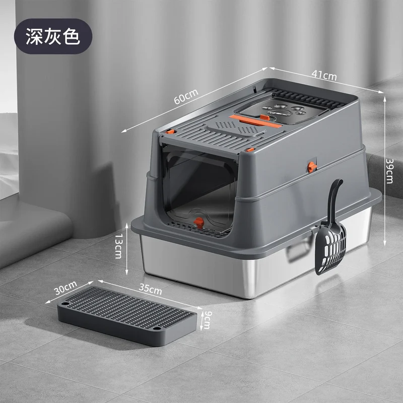 Lettiera Chiusa XXL per Gatti con Base in Acciaio Inox e Tetto Removibile 60×41×39 cm