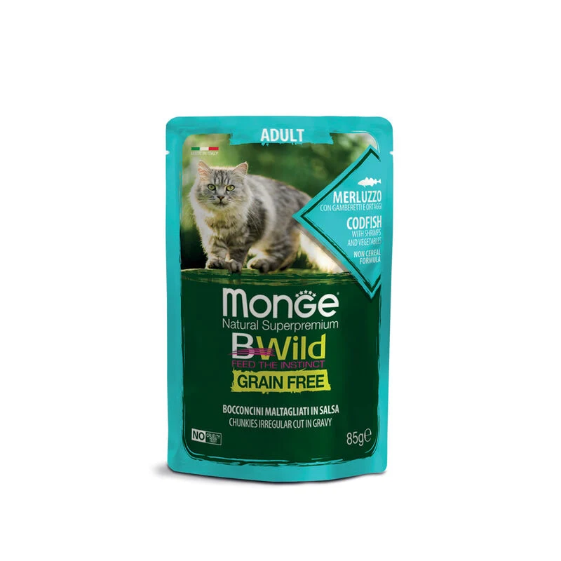 Monge Bwild - Gatto Adult - Grain Free - Bocconcini maltagliati in salsa Merluzzo con Gamberetti e Ortaggi 85 gr