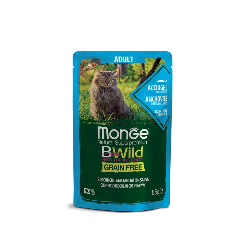 Monge BWild - Gatto Adult - Grain Free – Bocconcini maltagliati in salsa Acciughe con Ortaggi 85gr