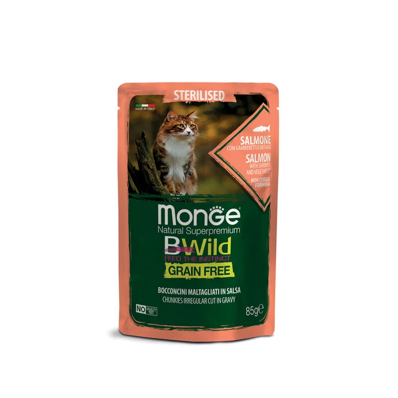 Monge BWild - Gatto Adult - Grain Free – Bocconcini maltagliati in salsa – Salmone con Gamberetti e Ortaggi 85gr