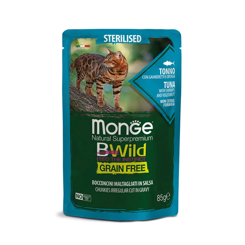 Monge BWild - Gatto Adult - Grain Free – Bocconcini maltagliati in salsa – Tonno con Gamberetti e Ortaggi 85gr