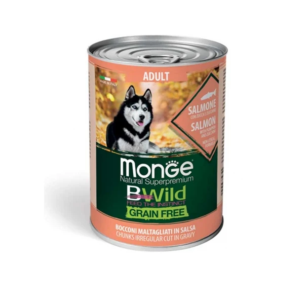 Monge BWild - Grain Free – Bocconi maltagliati in salsa – Salmone con Zucca e Zucchine – Adult 400gr