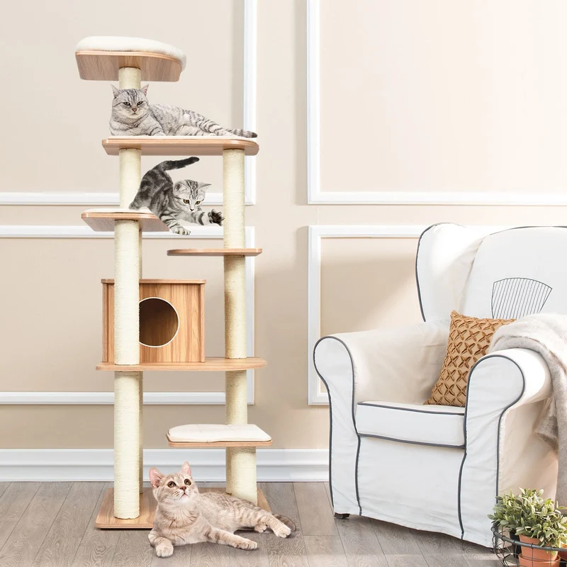 Costway - Albero per Gatti, Torre per Gatti, Tiragraffi per Gatti Multilivello con Casetta e Colonne, Albero del Gatto, 60 x 60 x179 cm, Beige