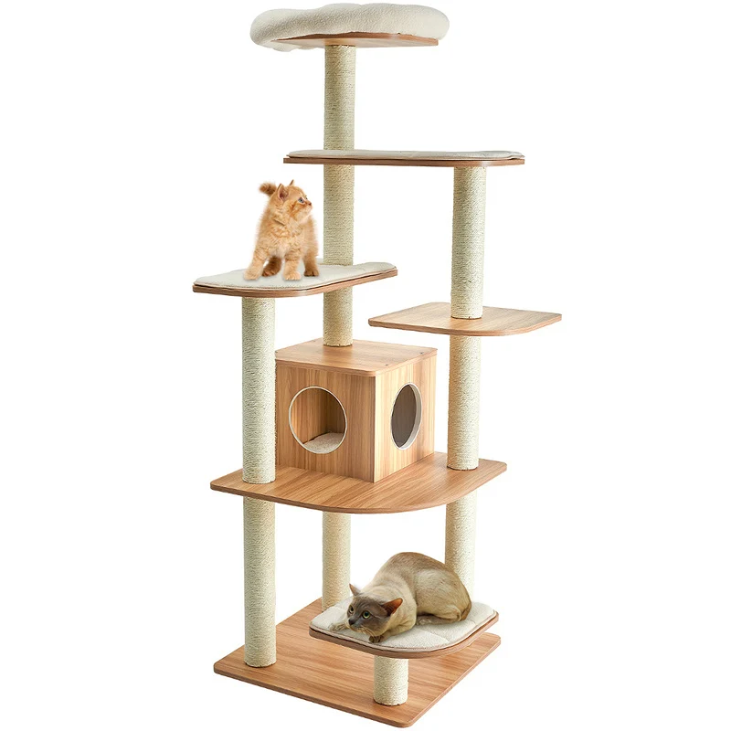 Costway - Albero per Gatti, Torre per Gatti, Tiragraffi per Gatti Multilivello con Casetta e Colonne, Albero del Gatto, 60 x 60 x179 cm, Beige