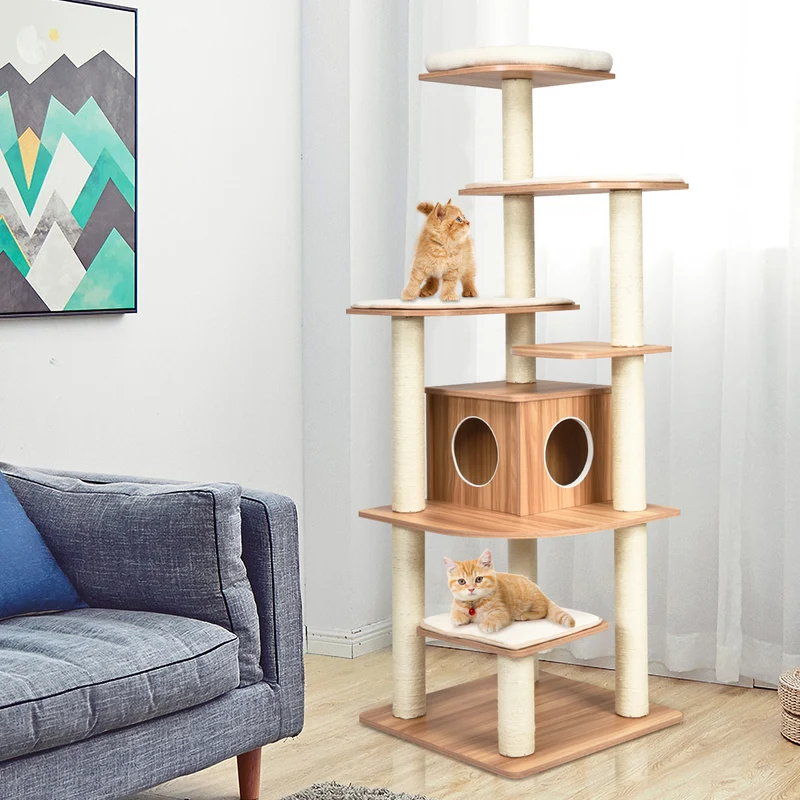 Costway - Albero per Gatti, Torre per Gatti, Tiragraffi per Gatti Multilivello con Casetta e Colonne, Albero del Gatto, 60 x 60 x179 cm, Beige