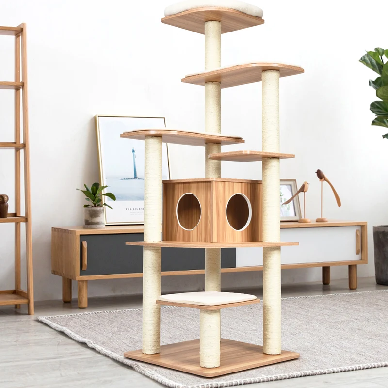 Costway - Albero per Gatti, Torre per Gatti, Tiragraffi per Gatti Multilivello con Casetta e Colonne, Albero del Gatto, 60 x 60 x179 cm, Beige
