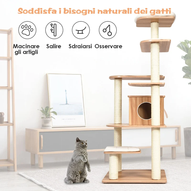 Costway - Albero per Gatti, Torre per Gatti, Tiragraffi per Gatti Multilivello con Casetta e Colonne, Albero del Gatto, 60 x 60 x179 cm, Beige