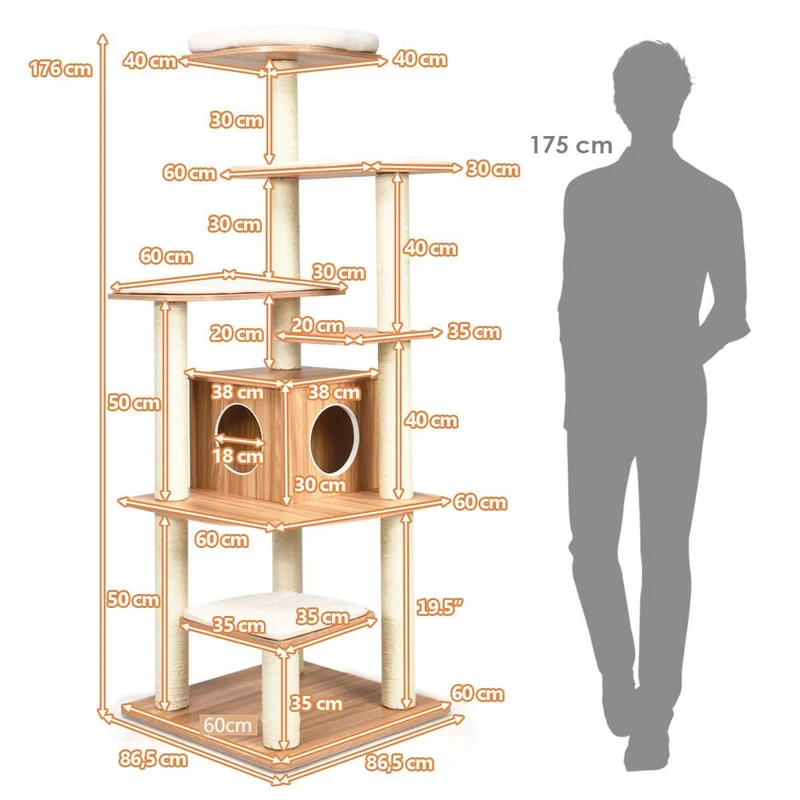 Costway - Albero per Gatti, Torre per Gatti, Tiragraffi per Gatti Multilivello con Casetta e Colonne, Albero del Gatto, 60 x 60 x179 cm, Beige
