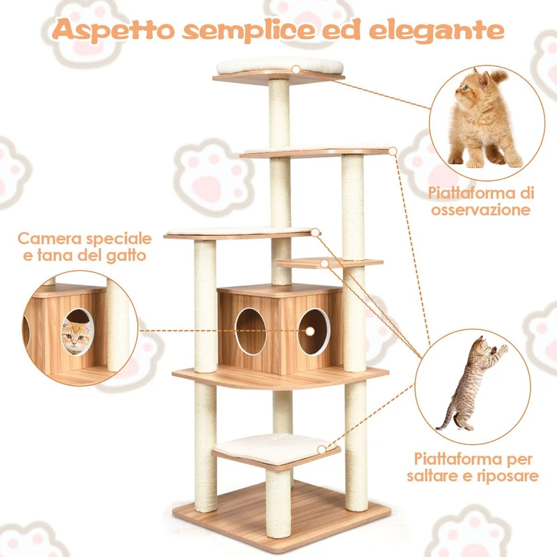 Costway - Albero per Gatti, Torre per Gatti, Tiragraffi per Gatti Multilivello con Casetta e Colonne, Albero del Gatto, 60 x 60 x179 cm, Beige