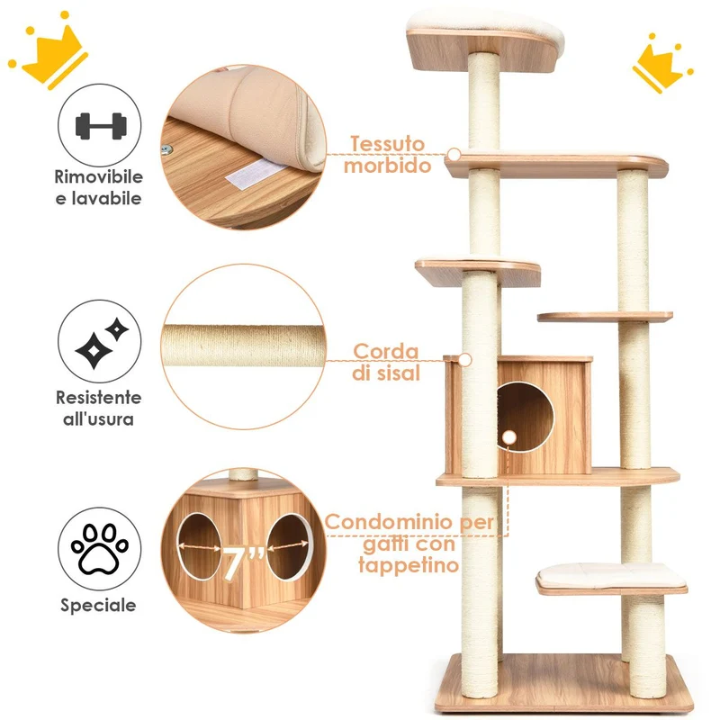 Costway - Albero per Gatti, Torre per Gatti, Tiragraffi per Gatti Multilivello con Casetta e Colonne, Albero del Gatto, 60 x 60 x179 cm, Beige