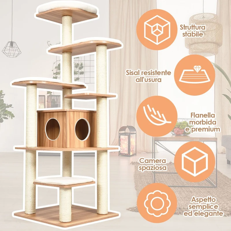 Costway - Albero per Gatti, Torre per Gatti, Tiragraffi per Gatti Multilivello con Casetta e Colonne, Albero del Gatto, 60 x 60 x179 cm, Beige