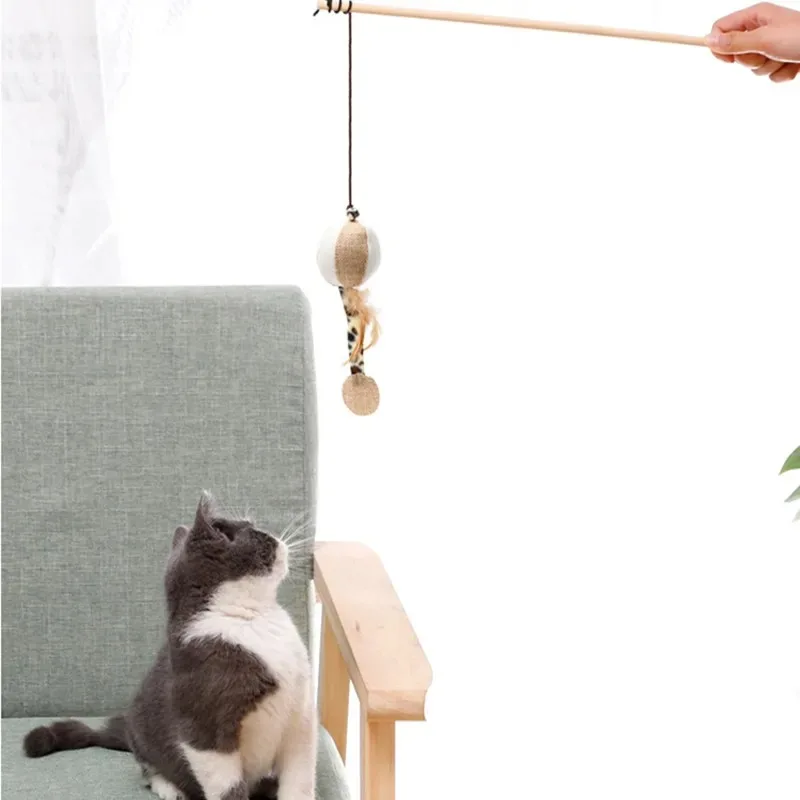 Bacchetta Gioco per Gatti con Piume Colorate e Pendaglio | Cat Wand Interattiva in Legno