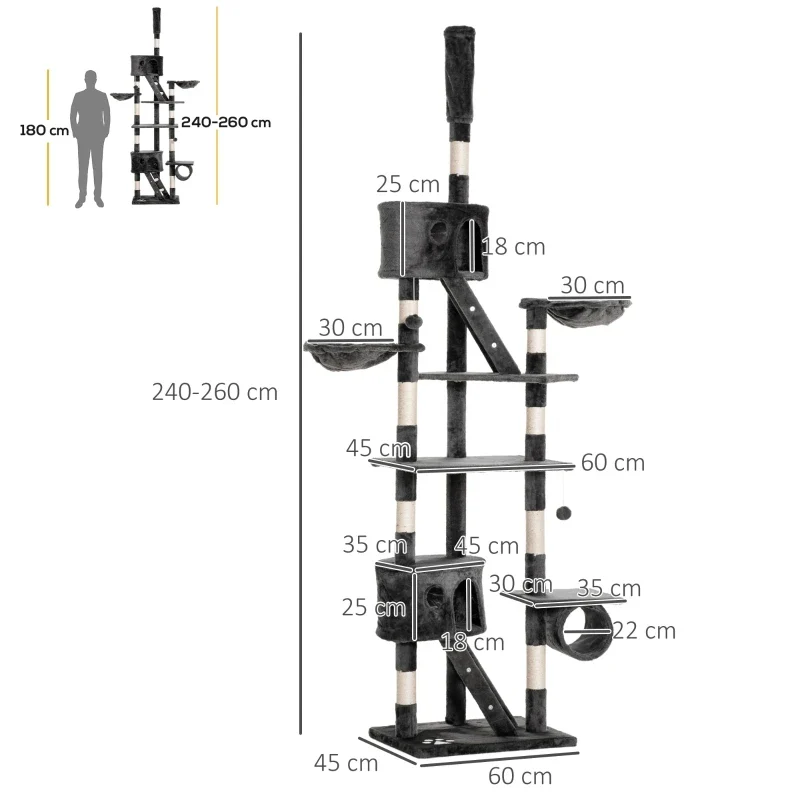 Albero Tiragraffi da Pavimento a Soffitto 240-260 cm per Gatti con Cucce, Tunnel e Pali in Sisal