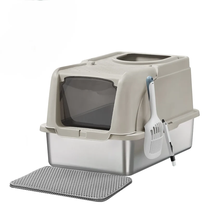 Lettiera per Gatti in Acciaio Inox XL con Coperchio | Doppio Ingresso, Antiperdita, 61 × 41 × 36,5 cm