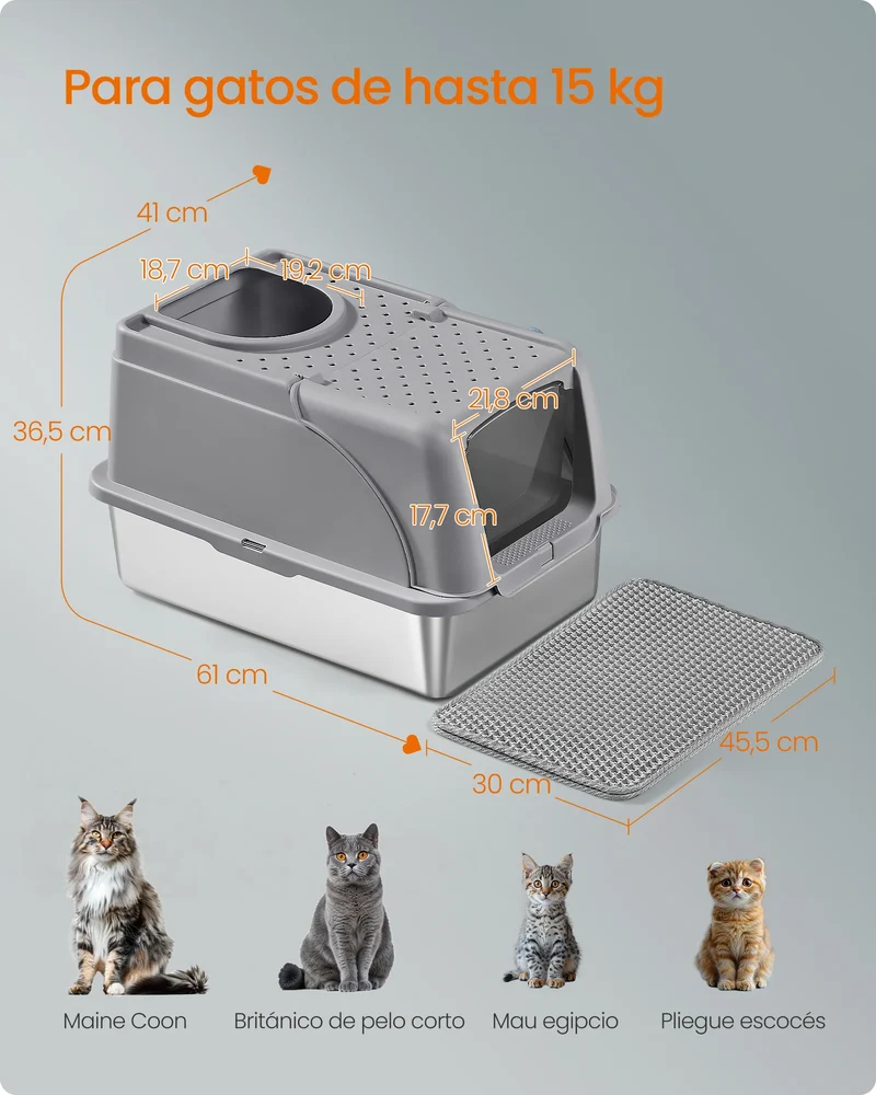 Lettiera per Gatti in Acciaio Inox XL con Coperchio | Doppio Ingresso, Antiperdita, 61 × 41 × 36,5 cm