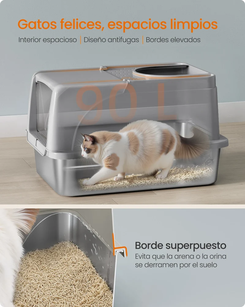 Lettiera per Gatti in Acciaio Inox XL con Coperchio | Doppio Ingresso, Antiperdita, 61 × 41 × 36,5 cm