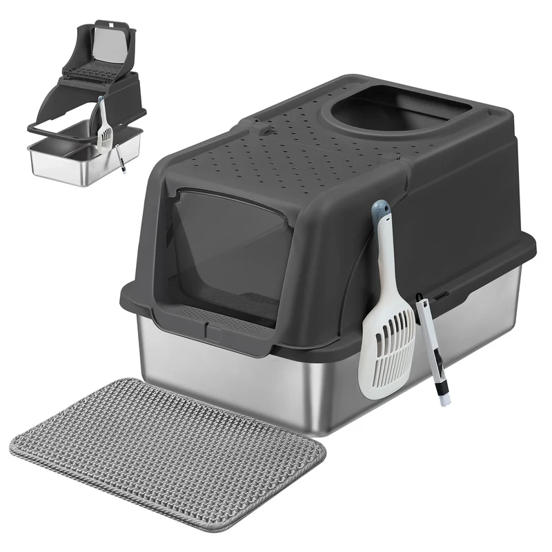 Lettiera per Gatti in Acciaio Inox XL con Coperchio | Doppio Ingresso, Antiperdita, 61 × 41 × 36,5 cm