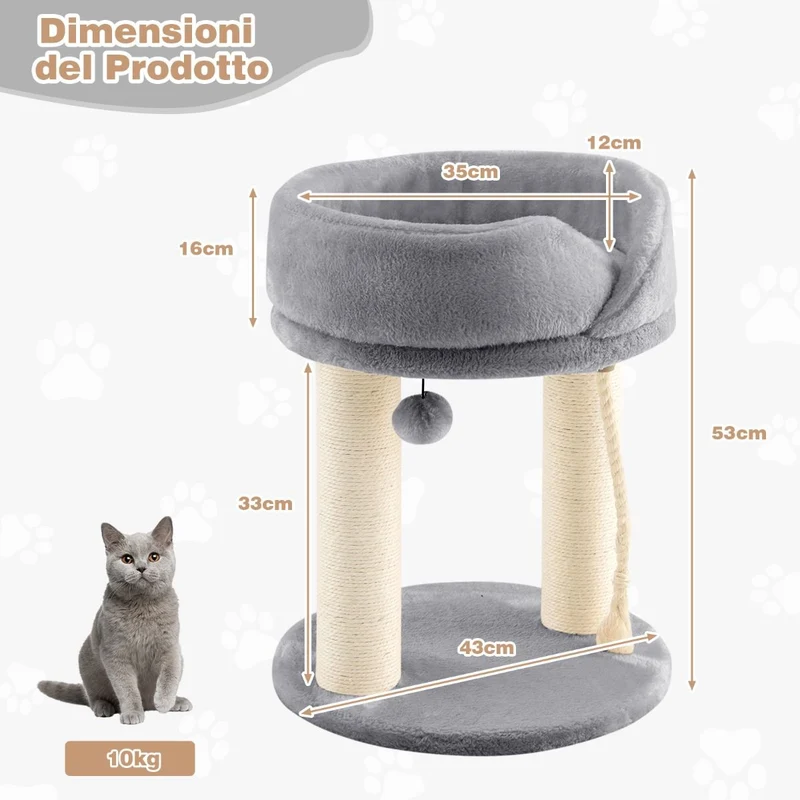 Costway - Albero per Gatti, Torre per Gatti, Tiragraffi per Gatti, Albero del Gatto base imbottita, 43 x 43 x 53 cm, Grigio