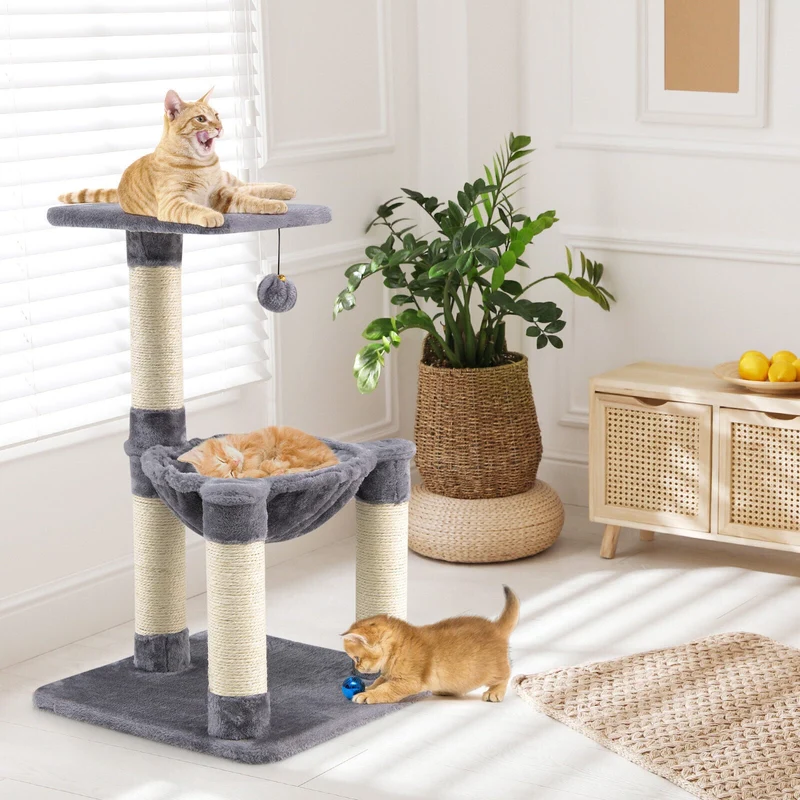 Costway - Albero per Gatti, Torre per Gatti, Tiragraffi per Gatti Multilivello con Amaca e Ampia Piattaforma, Albero del Gatto, 40x40x64 cm, Grigio