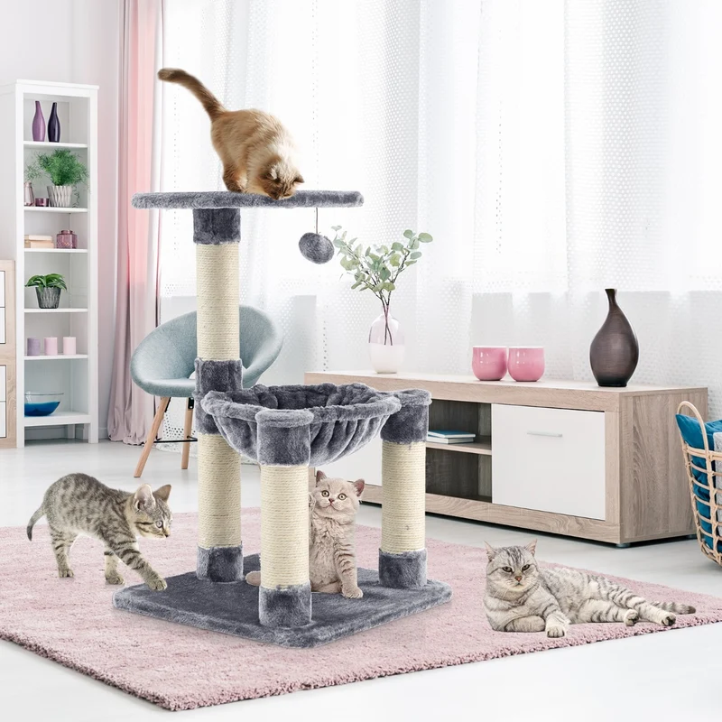 Costway - Albero per Gatti, Torre per Gatti, Tiragraffi per Gatti Multilivello con Amaca e Ampia Piattaforma, Albero del Gatto, 40x40x64 cm, Grigio