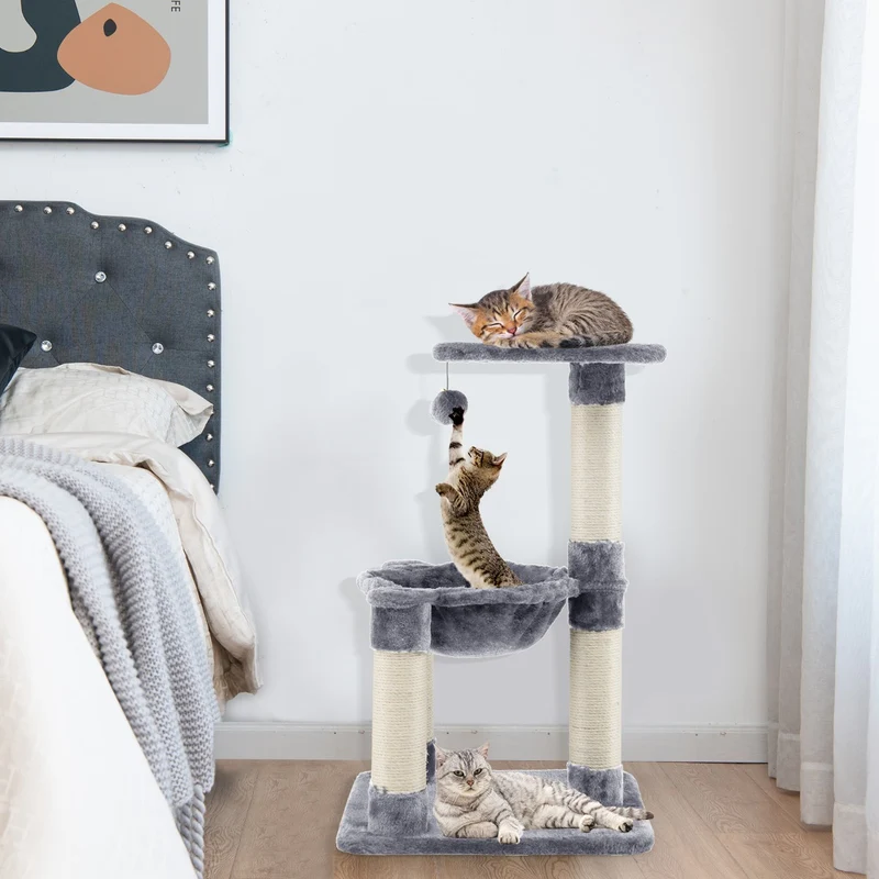 Costway - Albero per Gatti, Torre per Gatti, Tiragraffi per Gatti Multilivello con Amaca e Ampia Piattaforma, Albero del Gatto, 40x40x64 cm, Grigio