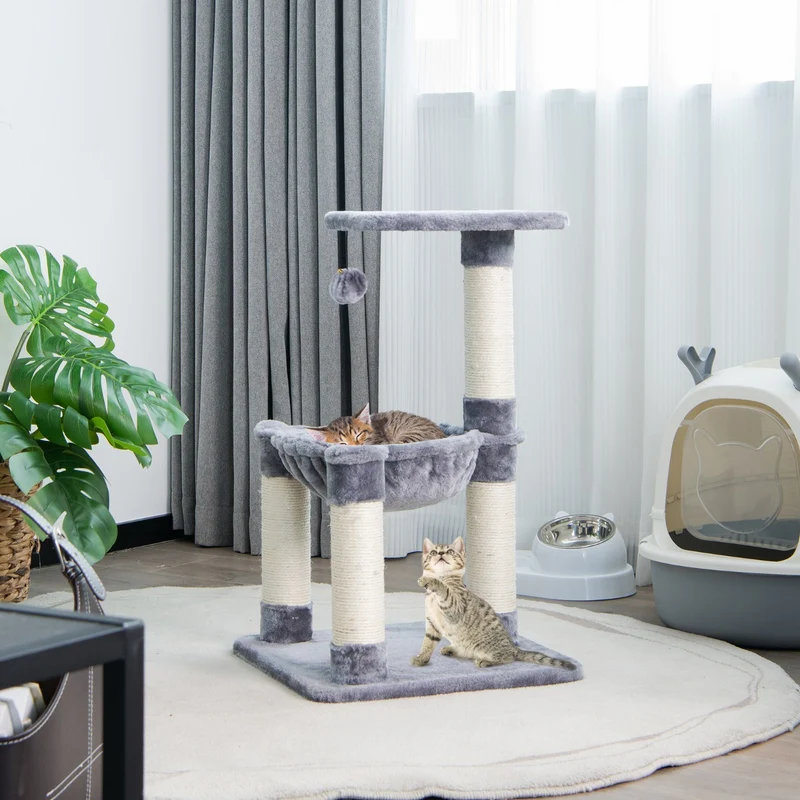 Costway - Albero per Gatti, Torre per Gatti, Tiragraffi per Gatti Multilivello con Amaca e Ampia Piattaforma, Albero del Gatto, 40x40x64 cm, Grigio