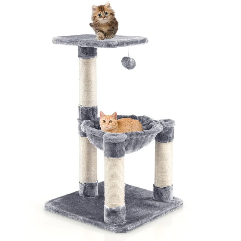 Costway - Albero per Gatti, Torre per Gatti, Tiragraffi per Gatti Multilivello con Amaca e Ampia Piattaforma, Albero del Gatto, 40x40x64 cm, Grigio