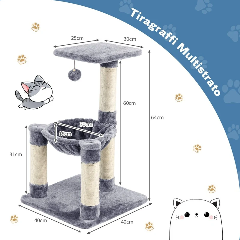 Costway - Albero per Gatti, Torre per Gatti, Tiragraffi per Gatti Multilivello con Amaca e Ampia Piattaforma, Albero del Gatto, 40x40x64 cm, Grigio