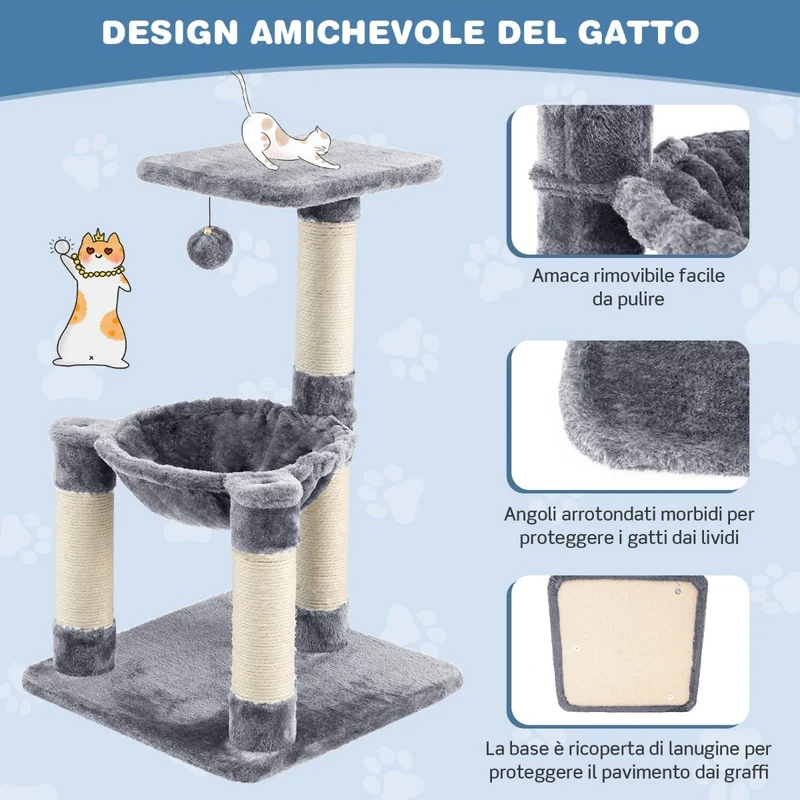 Costway - Albero per Gatti, Torre per Gatti, Tiragraffi per Gatti Multilivello con Amaca e Ampia Piattaforma, Albero del Gatto, 40x40x64 cm, Grigio