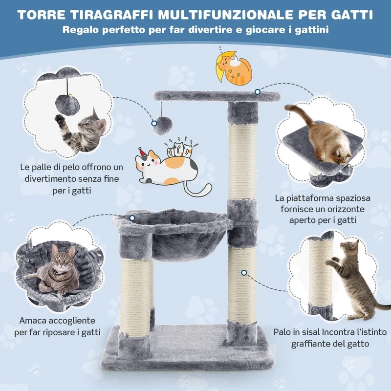 Costway - Albero per Gatti, Torre per Gatti, Tiragraffi per Gatti Multilivello con Amaca e Ampia Piattaforma, Albero del Gatto, 40x40x64 cm, Grigio