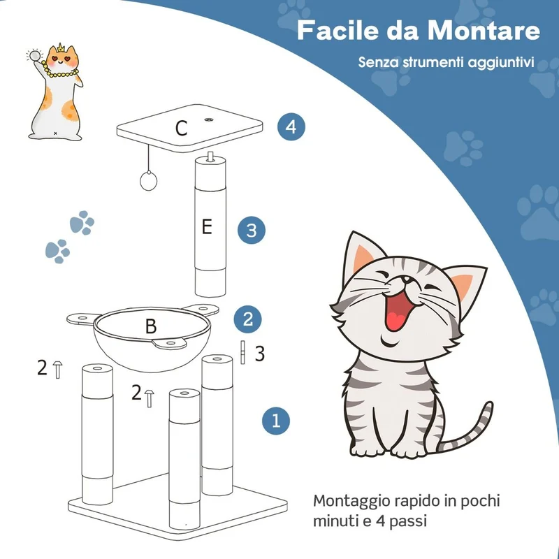 Costway - Albero per Gatti, Torre per Gatti, Tiragraffi per Gatti Multilivello con Amaca e Ampia Piattaforma, Albero del Gatto, 40x40x64 cm, Grigio