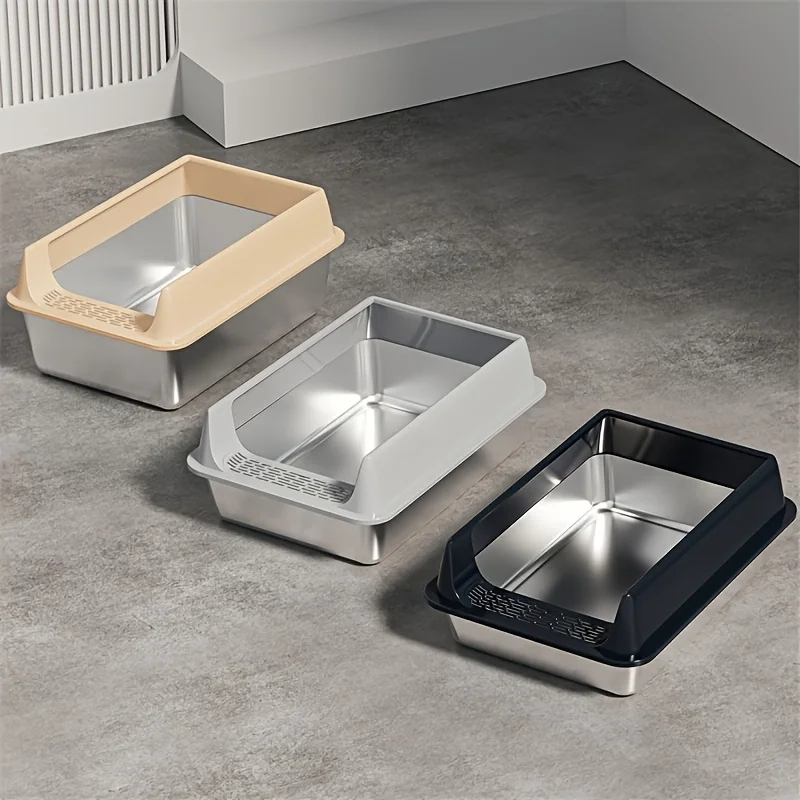 Lettiera per Gatti in Acciaio Inox con Bordo Antischizzo e Coperchio Rimovibile