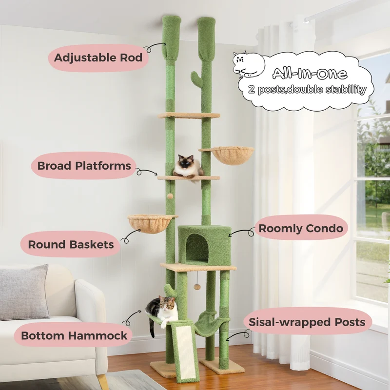 Tiragraffi Albero per Gatti da Pavimento a Soffitto | Cat Tree Regolabile con Cuccia, Amaca e Pali in Sisal