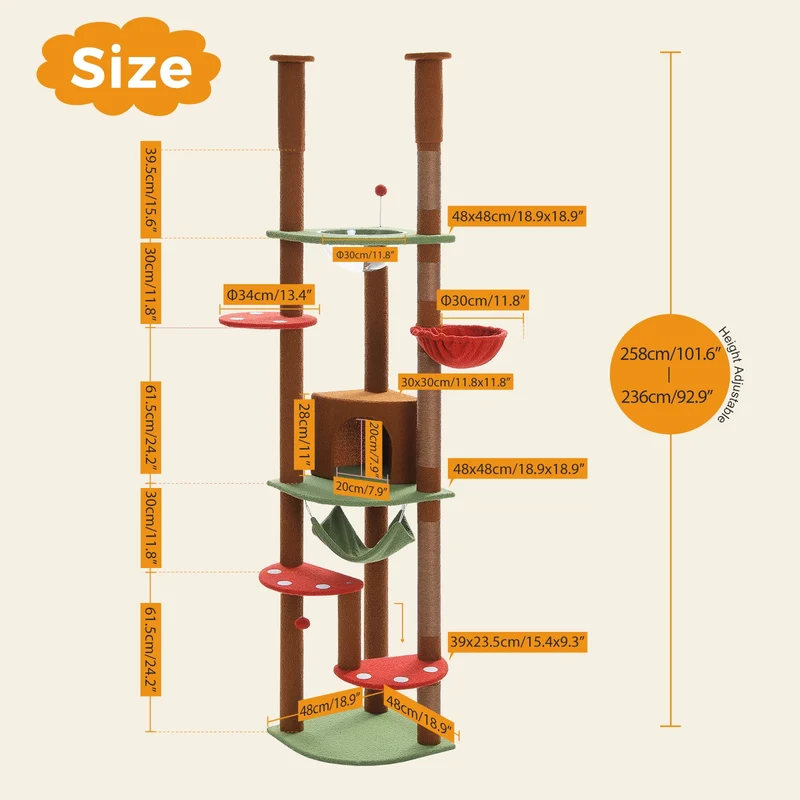 Tiragraffi Albero per Gatti da Pavimento a Soffitto | Cat Tree Regolabile con Cuccia, Amaca e Pali in Sisal