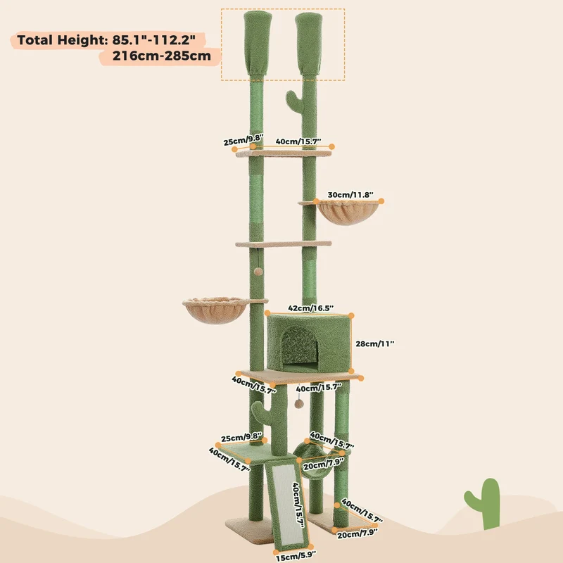 Tiragraffi Albero per Gatti da Pavimento a Soffitto | Cat Tree Regolabile con Cuccia, Amaca e Pali in Sisal