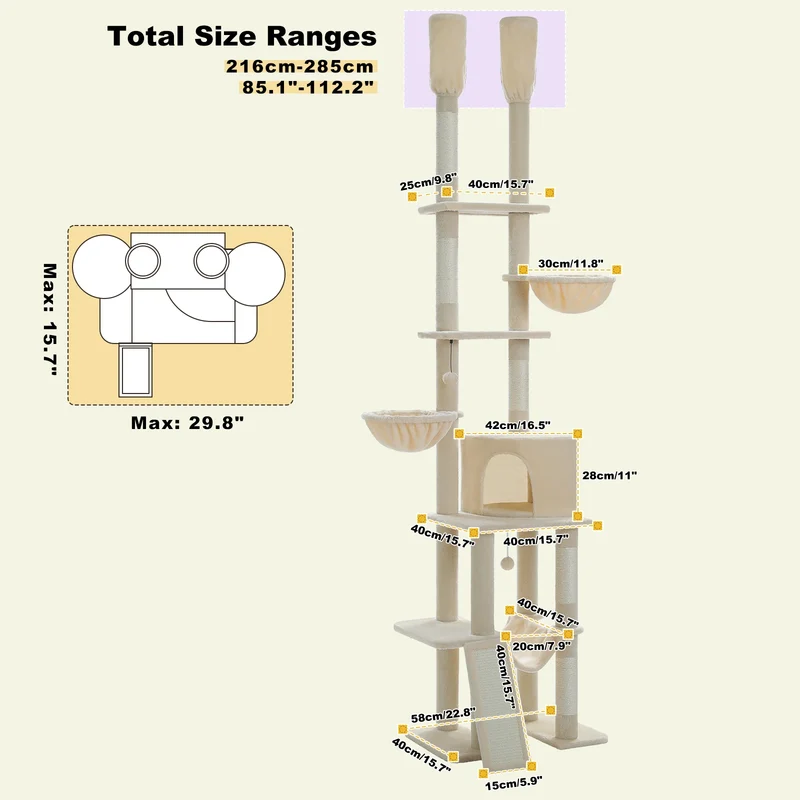Tiragraffi Albero per Gatti da Pavimento a Soffitto | Cat Tree Regolabile con Cuccia, Amaca e Pali in Sisal