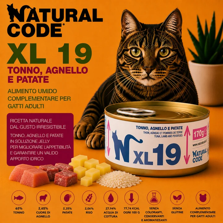 Natural Code XL19 Tonno, Agnello e Patate 170 g – Alimento per Gatti Adulti