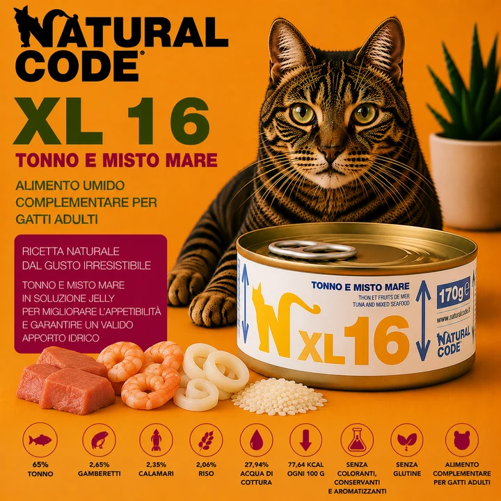 Natural Code XL16 Tonno e Misto Mare 170 g | Alimento per Gatti Adulti