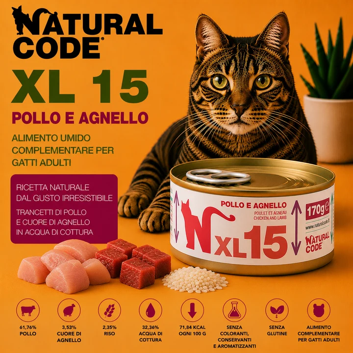 Natural Code XL15 Pollo e Agnello 170 g | Alimento per Gatti Adulti