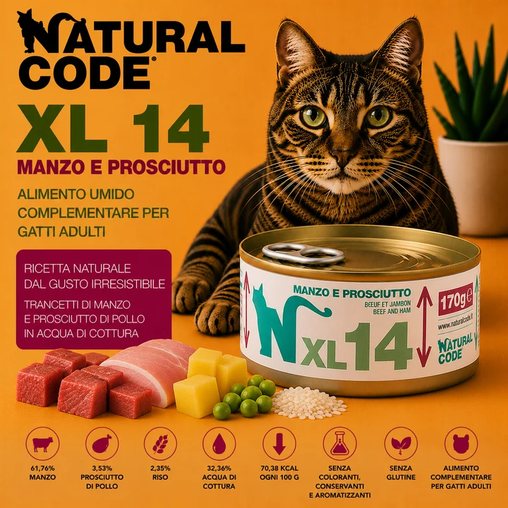Natural Code XL14 Manzo e Prosciutto 170 g | Alimento per Gatti Adulti