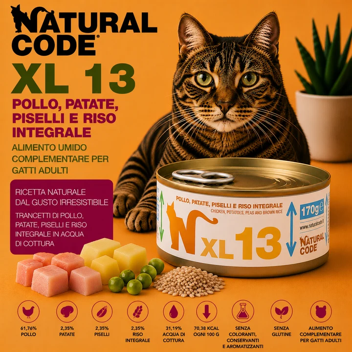 Natural Code XL13 Pollo, Patate, Piselli e Riso Integrale 170 g | Alimento per Gatti Adulti