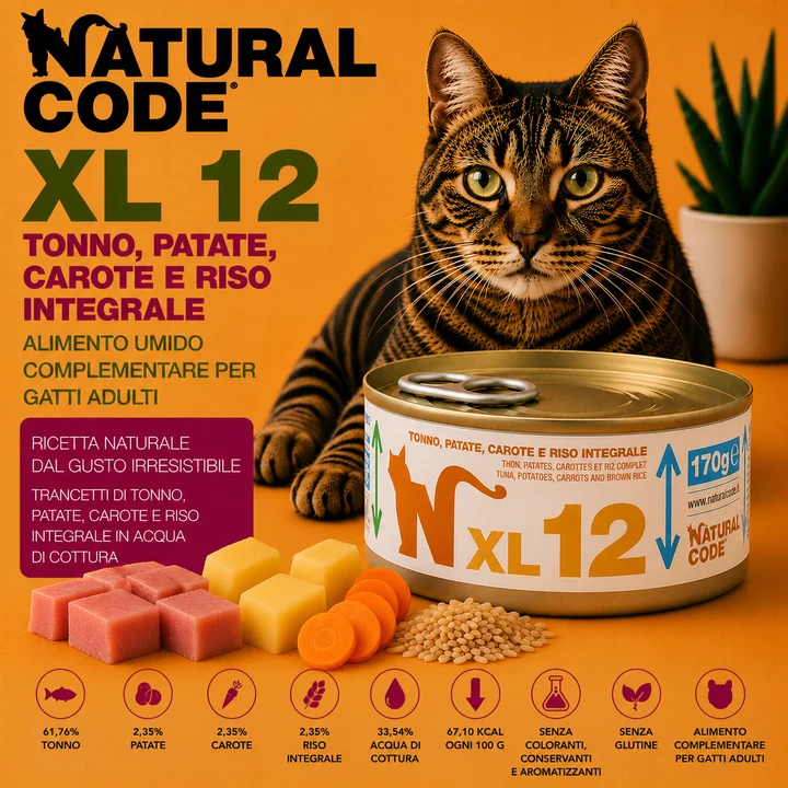 Natural Code XL12 Tonno, Patate, Carote e Riso Integrale 170 g | Alimento per Gatti Adulti
