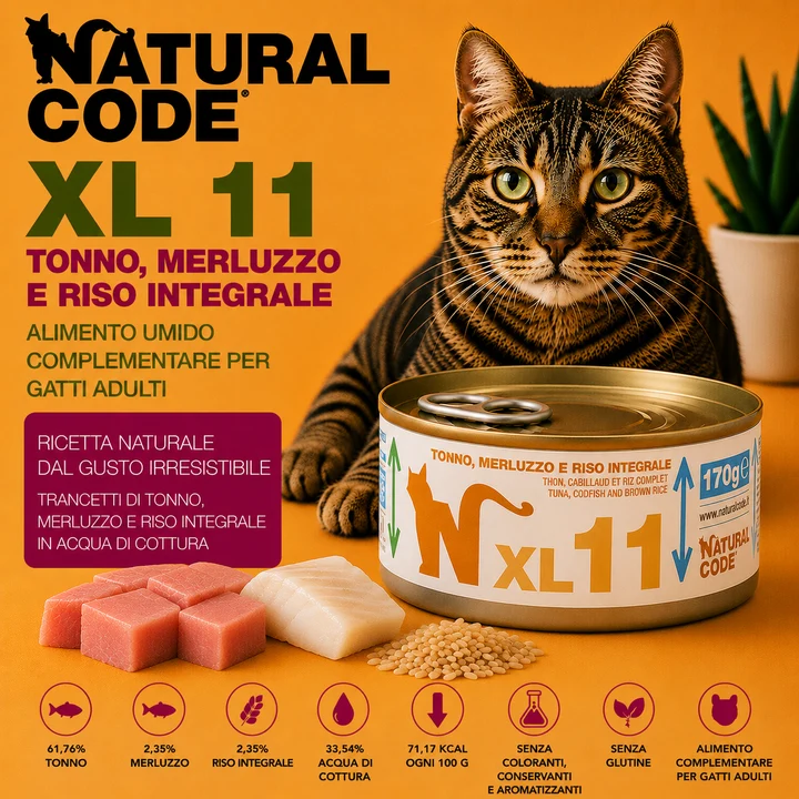 Natural Code XL11 Tonno, Merluzzo e Riso Integrale 170 g | Alimento per Gatti Adulti