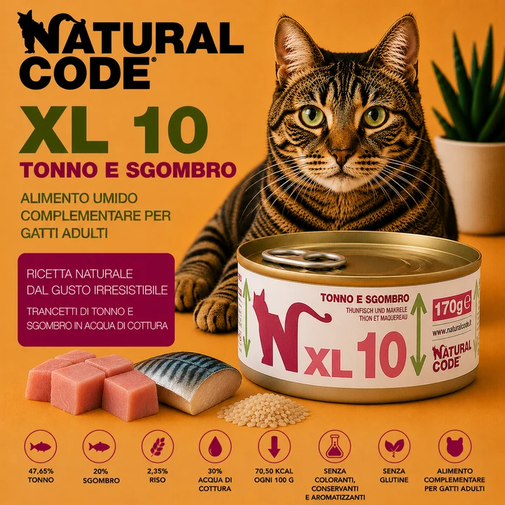 Natural Code XL10 Tonno e Sgombro 170 g | Alimento per Gatti Adulti