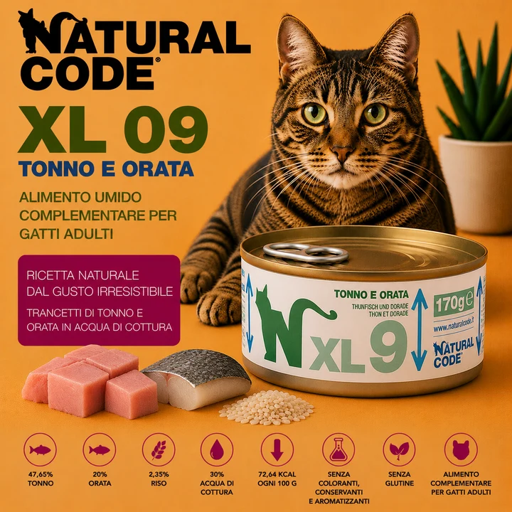Natural Code XL09 Tonno e Orata 170 g – Alimento per Gatti Adulti
