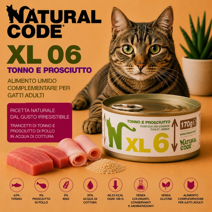 Natural Code XL06 Tonno e Prosciutto 170 g – Alimento per Gatti Adulti