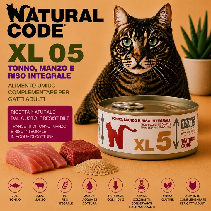 Natural Code XL05 Tonno, Manzo e Riso Integrale 170 g – Alimento Umido per Gatti Adulti