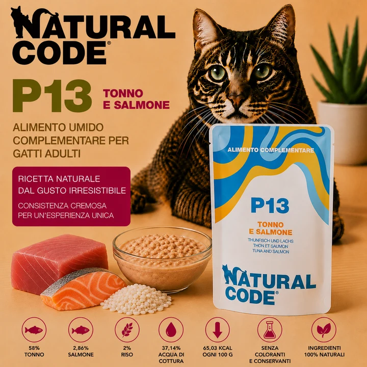 Natural Code P13 Tonno e Salmone - Alimento per Gatti Adulti 70 g