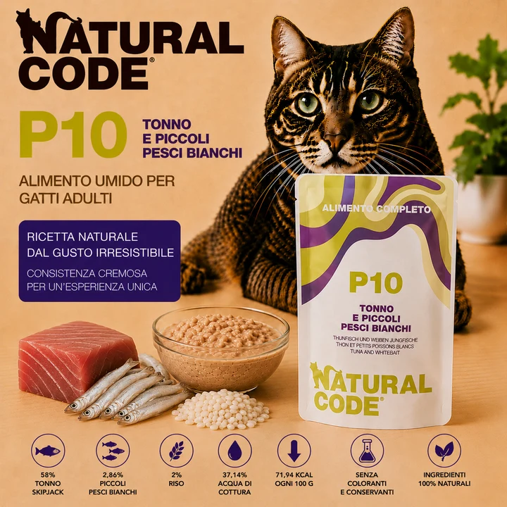 Natural Code P10 Tonno e Piccoli Pesci Bianchi Alimento Umido per Gatti 70 g